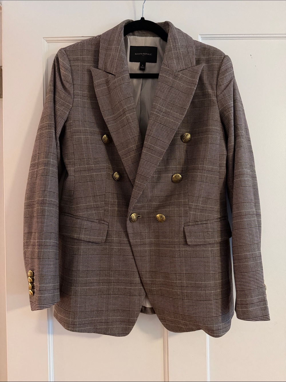 Banana Republic Double-Breasted Plaid Blazer in Brown and Gray